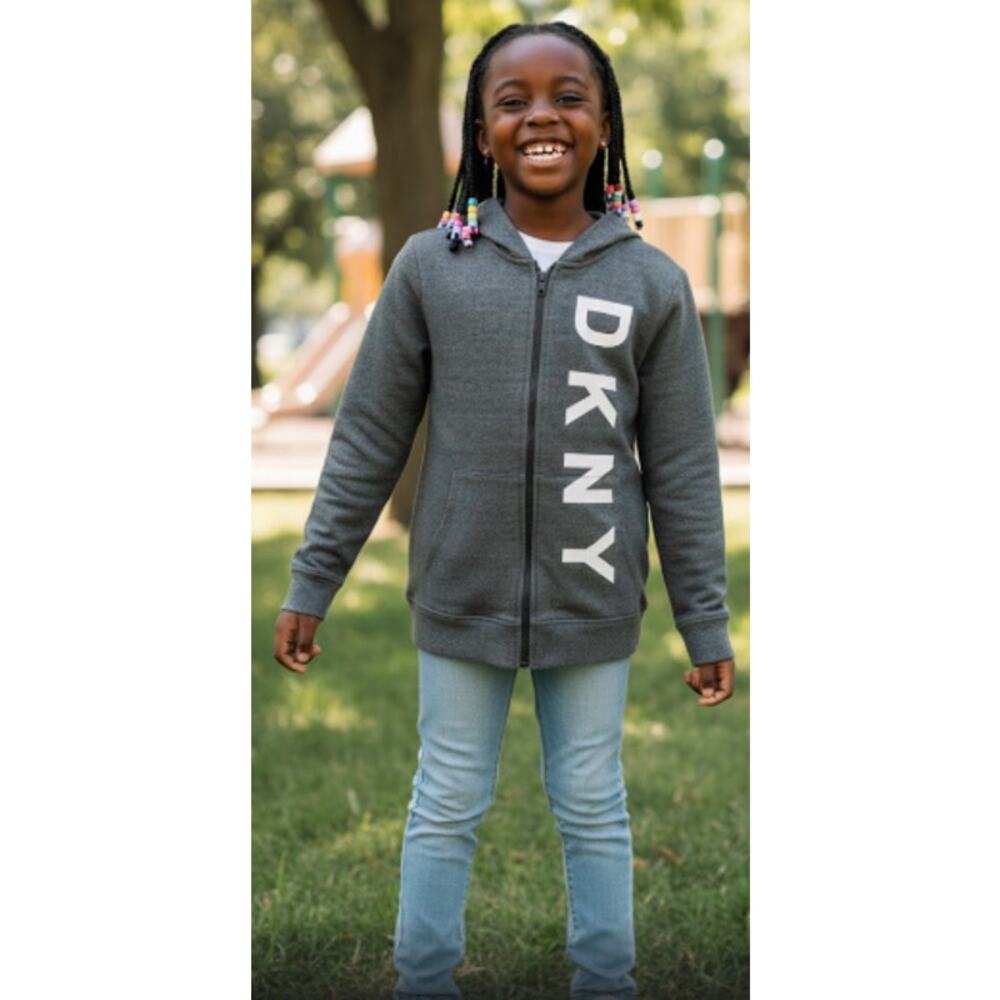 Girls DKNY Logo Full Zip Sweatshirt Gray Size 10/12 EUC